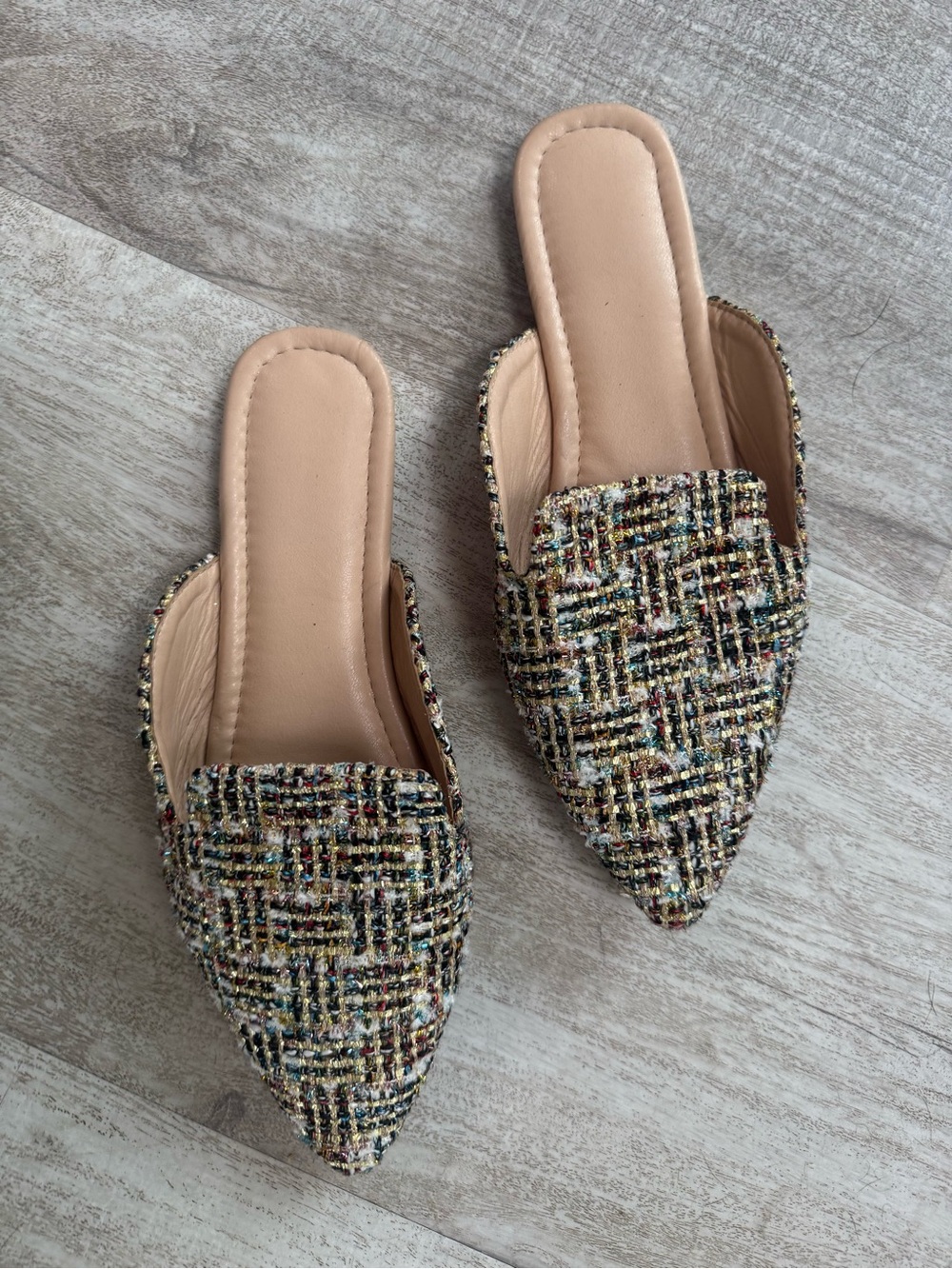 Slip-On Tweed Pointed-Toe Mules in Multicolor